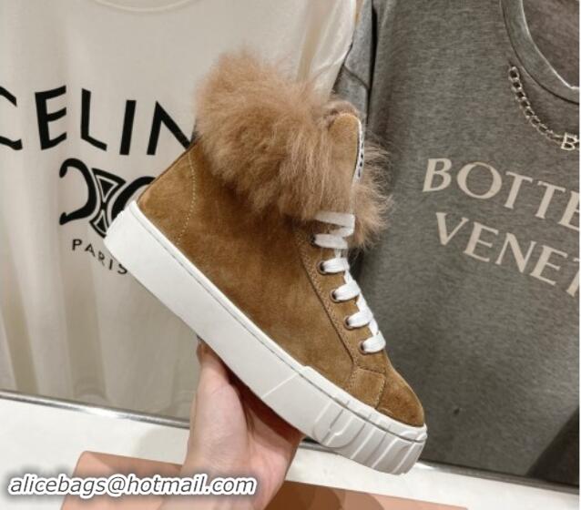 Best Grade Miu Miu Suede Sneaker Ankle Boots with Fur Lining Brown 813058