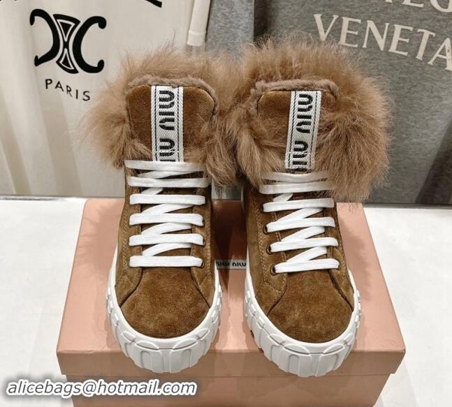 Best Grade Miu Miu Suede Sneaker Ankle Boots with Fur Lining Brown 813058