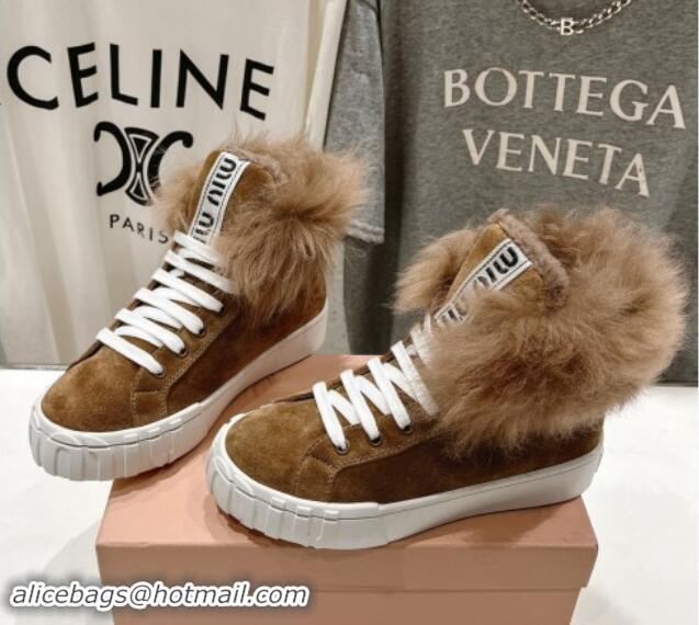 Best Grade Miu Miu Suede Sneaker Ankle Boots with Fur Lining Brown 813058