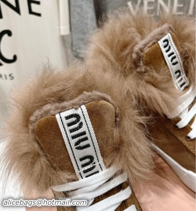 Best Grade Miu Miu Suede Sneaker Ankle Boots with Fur Lining Brown 813058