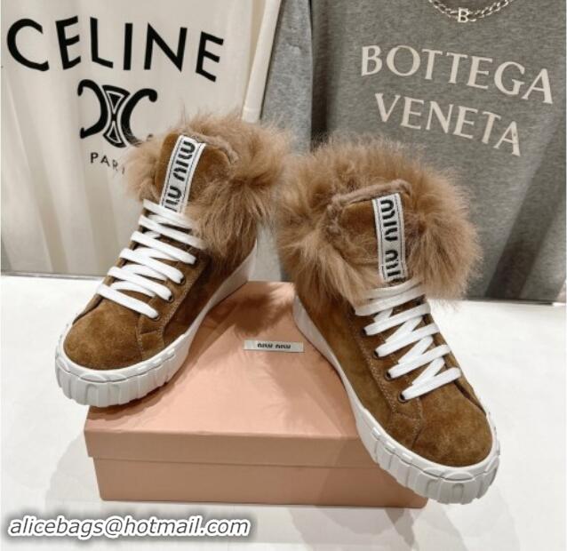 Best Grade Miu Miu Suede Sneaker Ankle Boots with Fur Lining Brown 813058