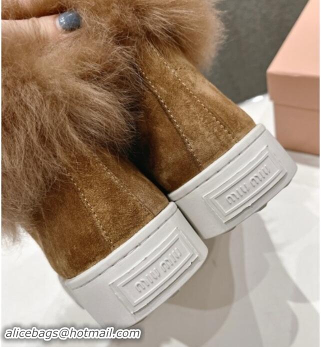 Best Grade Miu Miu Suede Sneaker Ankle Boots with Fur Lining Brown 813058