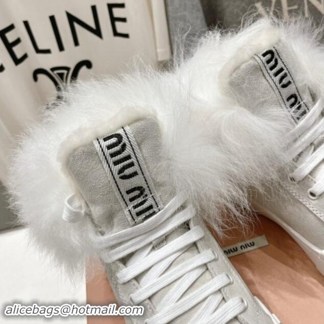 Shop Cheap Miu Miu Suede Sneaker Ankle Boots with Fur Lining Light Grey 813060