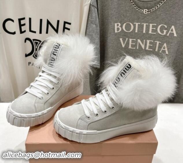 Shop Cheap Miu Miu Suede Sneaker Ankle Boots with Fur Lining Light Grey 813060