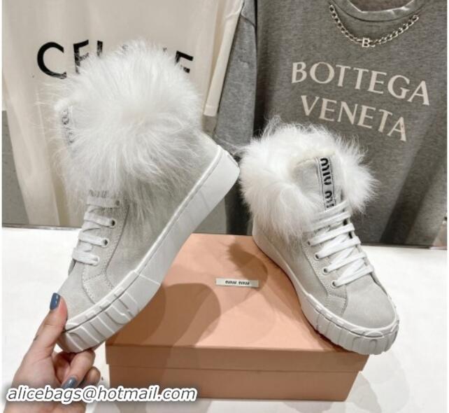 Shop Cheap Miu Miu Suede Sneaker Ankle Boots with Fur Lining Light Grey 813060