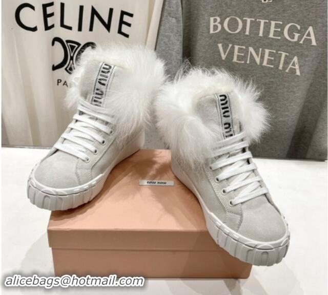 Shop Cheap Miu Miu Suede Sneaker Ankle Boots with Fur Lining Light Grey 813060