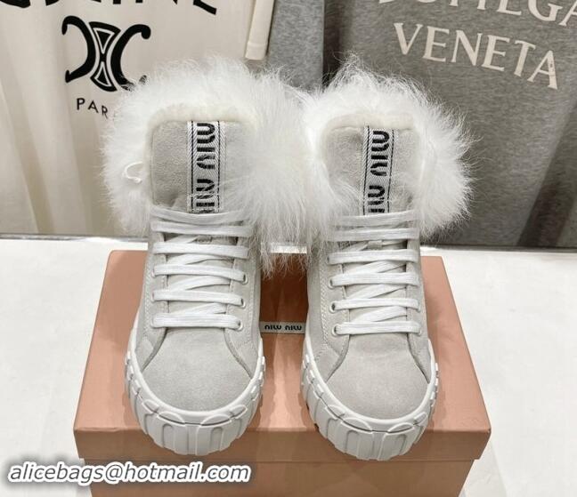 Shop Cheap Miu Miu Suede Sneaker Ankle Boots with Fur Lining Light Grey 813060