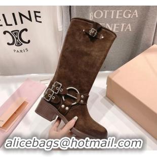 Pretty Style Miu Miu Suede High Boots 5cm with Strap Buckle Dark Brown 904039