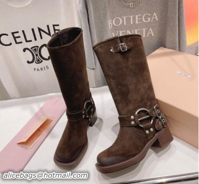 Pretty Style Miu Miu Suede High Boots 5cm with Strap Buckle Dark Brown 904039