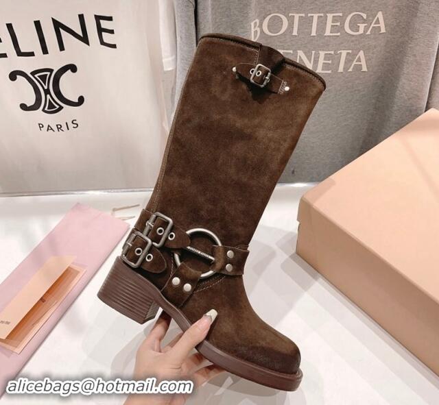 Pretty Style Miu Miu Suede High Boots 5cm with Strap Buckle Dark Brown 904039