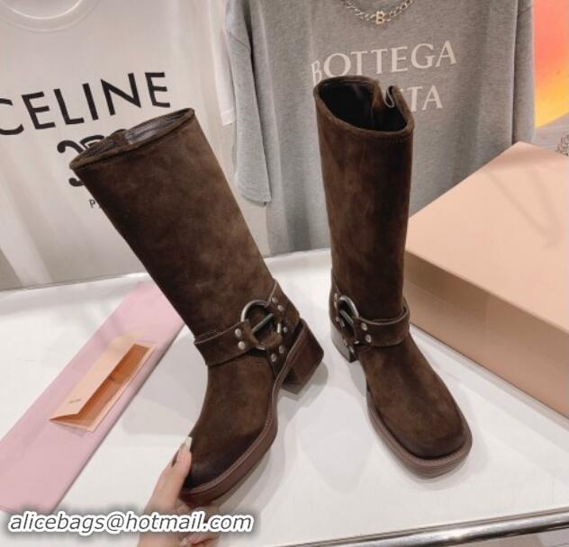 Pretty Style Miu Miu Suede High Boots 5cm with Strap Buckle Dark Brown 904039