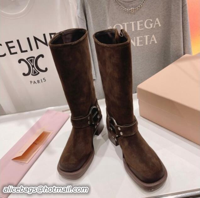 Pretty Style Miu Miu Suede High Boots 5cm with Strap Buckle Dark Brown 904039