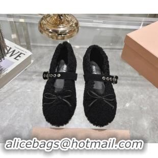 Top Grade Miu Miu Wool Ballerinas Flat with Bow and Buckle Strap Black 813072