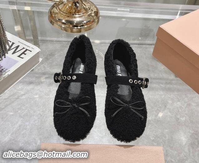 Top Grade Miu Miu Wool Ballerinas Flat with Bow and Buckle Strap Black 813072