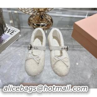 Popular Style Miu Miu Wool Ballerinas Flat with Bow and Buckle Strap White 813073