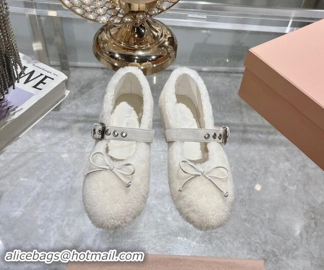 Popular Style Miu Miu Wool Ballerinas Flat with Bow and Buckle Strap White 813073