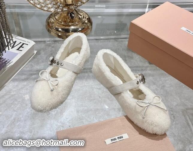 Popular Style Miu Miu Wool Ballerinas Flat with Bow and Buckle Strap White 813073