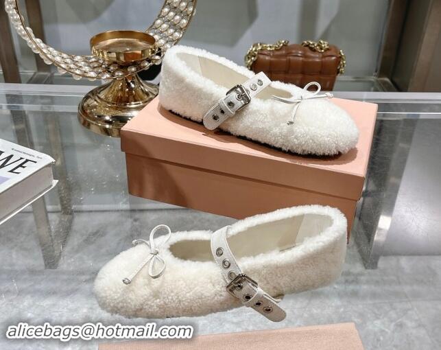 Popular Style Miu Miu Wool Ballerinas Flat with Bow and Buckle Strap White 813073