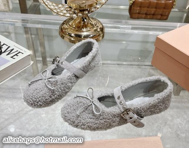 Good Product Miu Miu Wool Ballerinas Flat with Bow and Buckle Strap Grey 813074