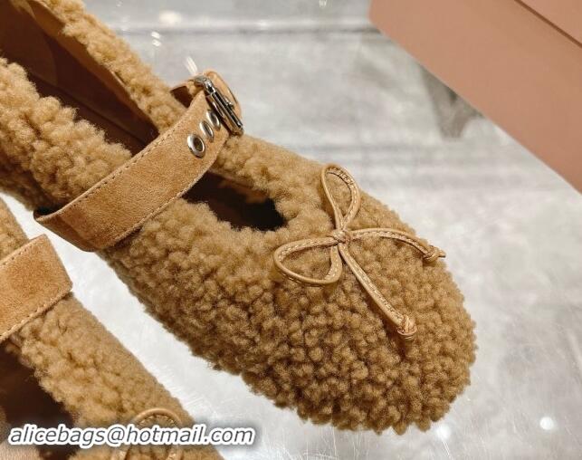 Good Looking Miu Miu Wool Ballerinas Flat with Bow and Buckle Strap Brown 813075