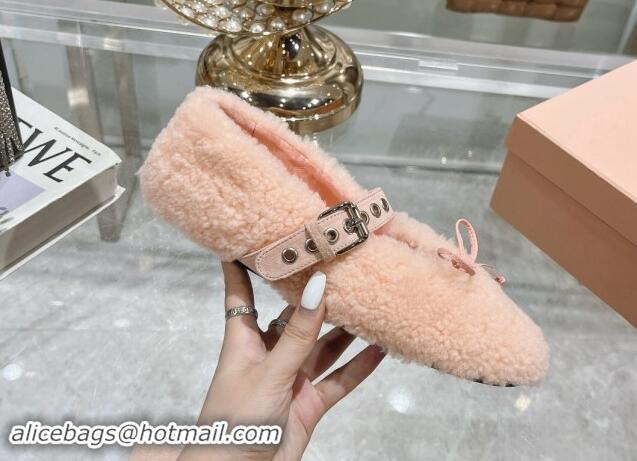 Shop Duplicate Miu Miu Wool Ballerinas Flat with Bow and Buckle Strap Light Pink 813076