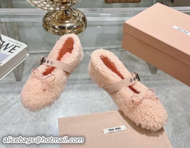 Shop Duplicate Miu Miu Wool Ballerinas Flat with Bow and Buckle Strap Light Pink 813076