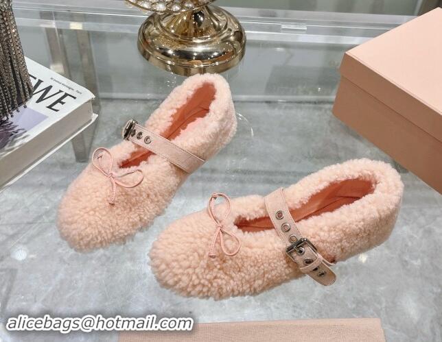 Shop Duplicate Miu Miu Wool Ballerinas Flat with Bow and Buckle Strap Light Pink 813076