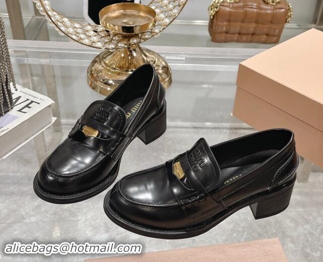 Perfect Miu Miu Brushed Leather Loafer Pumps 5cm with Coin Black 813077