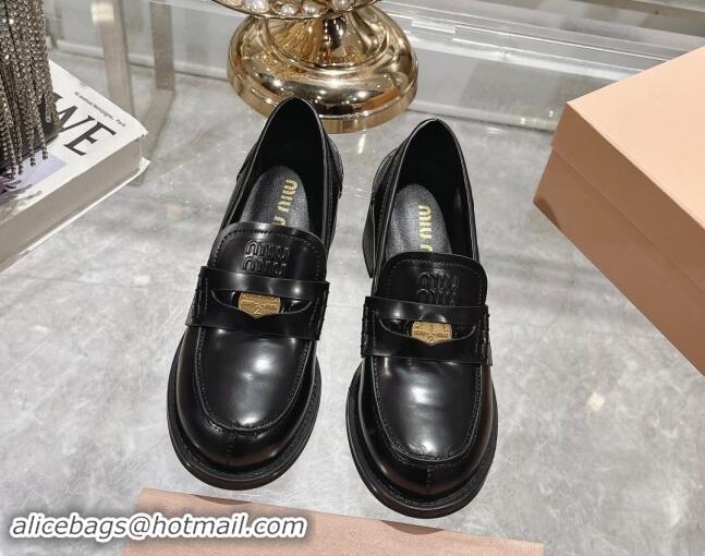 Perfect Miu Miu Brushed Leather Loafer Pumps 5cm with Coin Black 813077