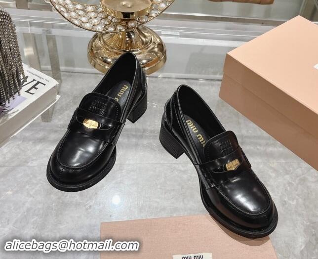 Perfect Miu Miu Brushed Leather Loafer Pumps 5cm with Coin Black 813077