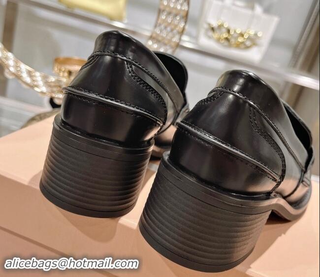 Perfect Miu Miu Brushed Leather Loafer Pumps 5cm with Coin Black 813077