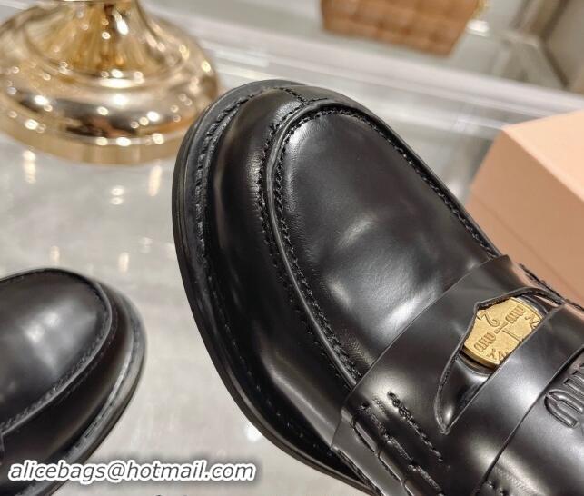 Perfect Miu Miu Brushed Leather Loafer Pumps 5cm with Coin Black 813077