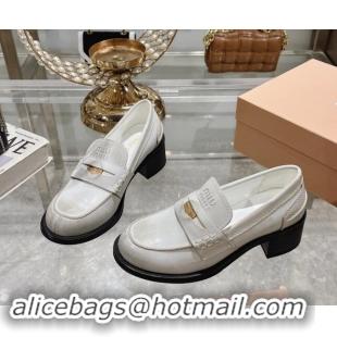 Fashion Miu Miu Bleached Leather Loafer Pumps 5cm with Coin White 813078