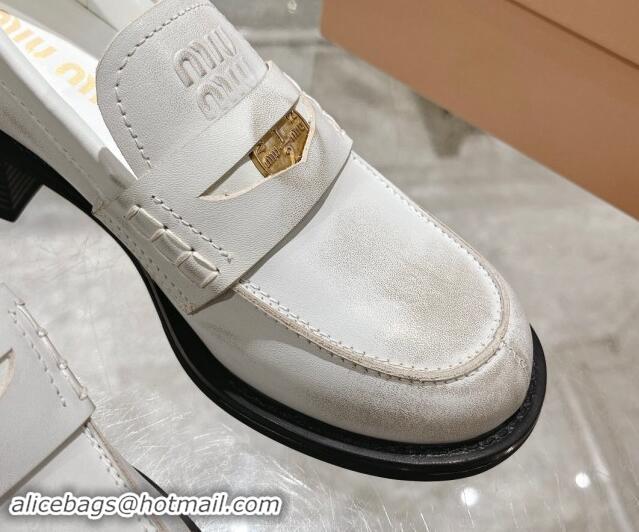 Fashion Miu Miu Bleached Leather Loafer Pumps 5cm with Coin White 813078