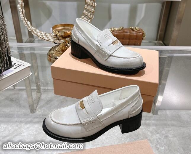 Fashion Miu Miu Bleached Leather Loafer Pumps 5cm with Coin White 813078