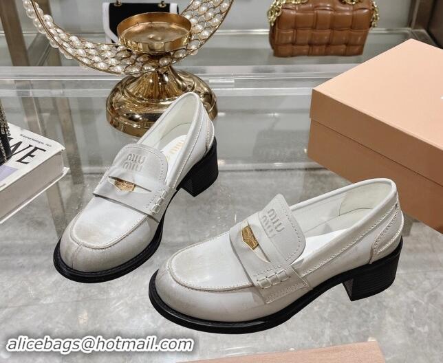 Fashion Miu Miu Bleached Leather Loafer Pumps 5cm with Coin White 813078