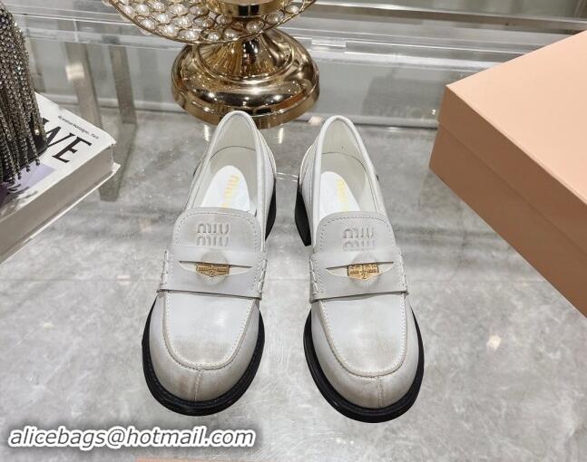 Fashion Miu Miu Bleached Leather Loafer Pumps 5cm with Coin White 813078