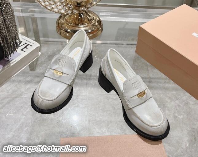 Fashion Miu Miu Bleached Leather Loafer Pumps 5cm with Coin White 813078