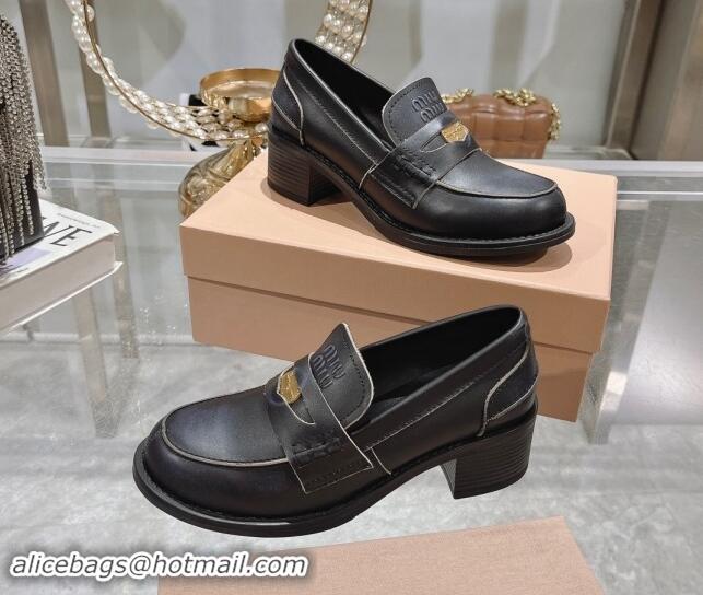 Best Grade Miu Miu Bleached Leather Loafer Pumps 5cm with Coin Black 813079