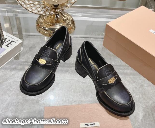 Best Grade Miu Miu Bleached Leather Loafer Pumps 5cm with Coin Black 813079