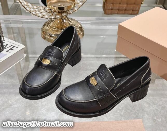 Best Grade Miu Miu Bleached Leather Loafer Pumps 5cm with Coin Black 813079