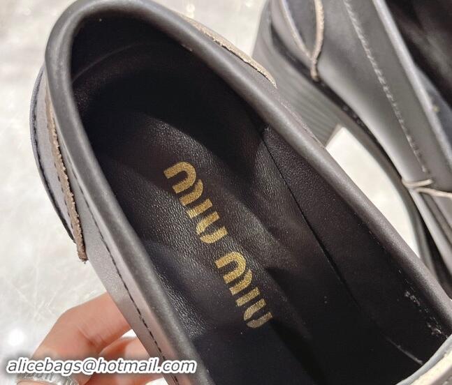 Best Grade Miu Miu Bleached Leather Loafer Pumps 5cm with Coin Black 813079