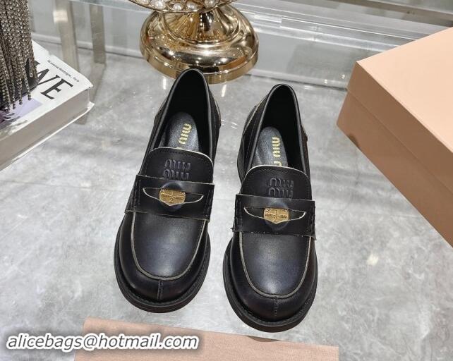 Best Grade Miu Miu Bleached Leather Loafer Pumps 5cm with Coin Black 813079