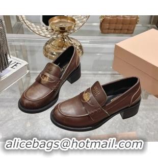 Good Quality Miu Miu Bleached Leather Loafer Pumps 5cm with Coin Brown 813080