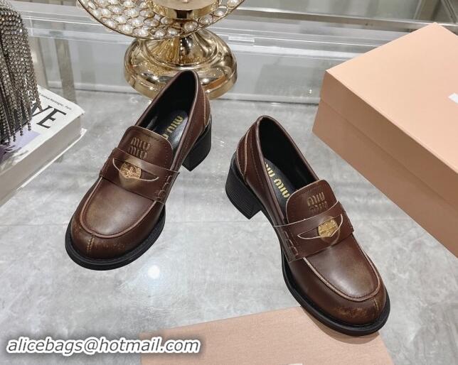 Good Quality Miu Miu Bleached Leather Loafer Pumps 5cm with Coin Brown 813080