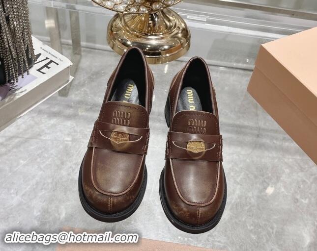 Good Quality Miu Miu Bleached Leather Loafer Pumps 5cm with Coin Brown 813080