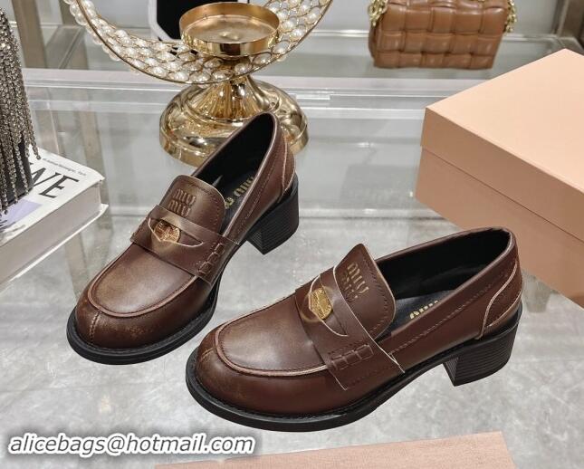 Good Quality Miu Miu Bleached Leather Loafer Pumps 5cm with Coin Brown 813080