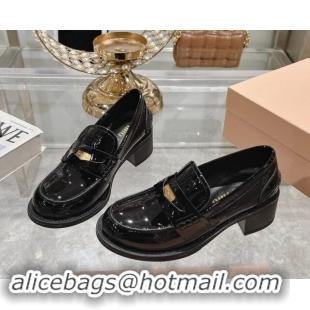 Luxury Miu Miu Patent Leather Loafer Pumps 5cm with Coin Black 813081