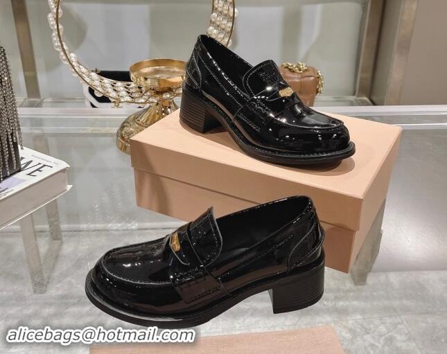 Luxury Miu Miu Patent Leather Loafer Pumps 5cm with Coin Black 813081