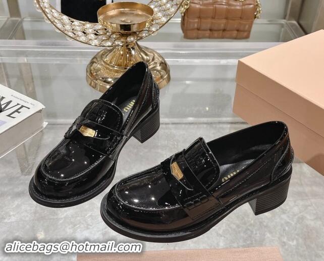 Luxury Miu Miu Patent Leather Loafer Pumps 5cm with Coin Black 813081